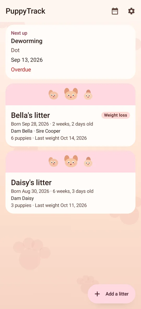 PuppyTrack screenshot: Litters list