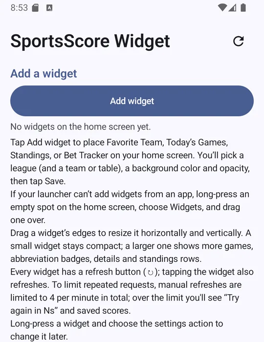 SportsScore Widget screenshot: Widget setup