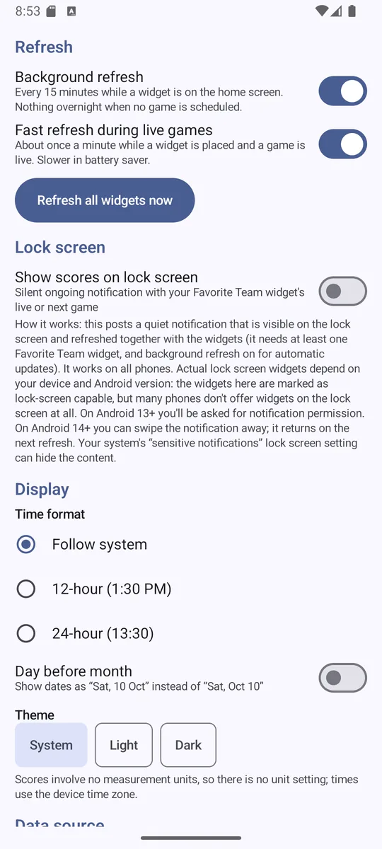 SportsScore Widget screenshot: Refresh, lock screen, and display settings